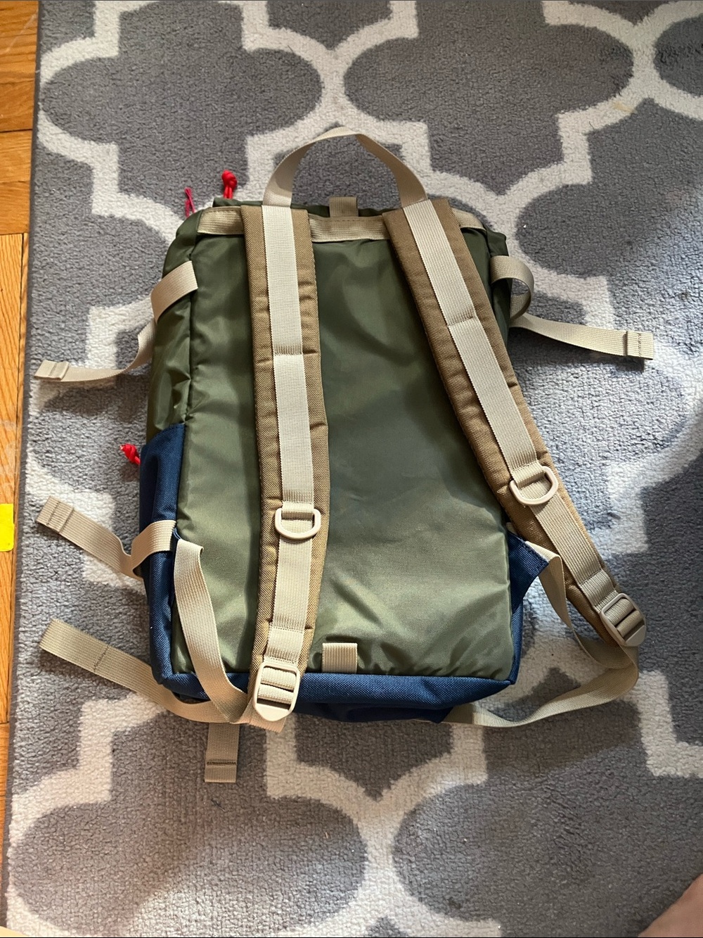Topo Designs Olive & Navy Men’s Backpack with Tan Straps and Red Cord - Picture 3 of 7
